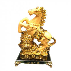 ม้ามงคลยกขา ม้านำโชค บนกระถางทอง วัสดุเรซิ่นสีทองพ่นทราย ฐานแก้ว สูง 8 นิ้ว, ฮวงจุ้ย (Feng Shui Products)