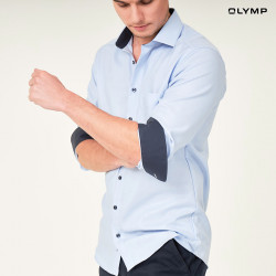 OLYMP เสื้อเชิ้ตผู้ชาย แขนยาว แต่งดีเทลน้ำเงิน ผ้าเท็กเจอร์ สีฟ้า รุ่น LUXOR, 