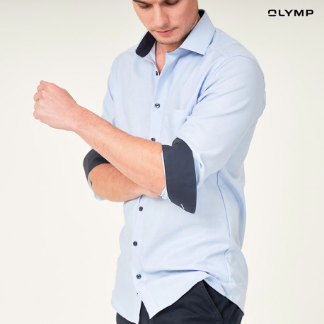 OLYMP เสื้อเชิ้ตผู้ชาย แขนยาว แต่งดีเทลน้ำเงิน ผ้าเท็กเจอร์ สีฟ้า รุ่น LUXOR