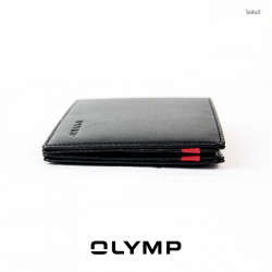 OLYMP Wallet กระเป๋าสตางค์ สีดำเรียบ แต่งแถบแดง หนังฟูลเกรนแท้, 