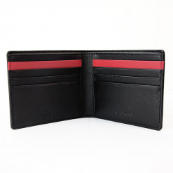 OLYMP Wallet กระเป๋าสตางค์ สีดำเรียบ แต่งแถบแดง หนังฟูลเกรนแท้, 