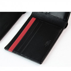OLYMP Wallet กระเป๋าสตางค์ สีดำเรียบ แต่งแถบแดง หนังฟูลเกรนแท้
