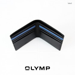 OLYMP Wallet กระเป๋าสตางค์สีดำเรียบ แต่งแถบน้ำเงิน หนังฟูลเกรนแท้, แฟชั่น (Fashion)