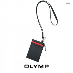 OLYMP Lanyard Card Holder สีดำเรียบ หนังฟูลเกรนแท้ มีช่องซิป แต่งแถบแดง, แฟชั่น (Fashion)