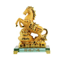 ม้ายกขา ม้ามงคล ม้านำโชค บนกระถางทอง วัสดุเรซิ่นสีทองพ่นทราย ฐานแก้ว สูง 9 นิ้ว, ฮวงจุ้ย (Feng Shui Products)