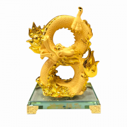 มังกรทอง ม้วนตัวเลข 8 อินฟินิตี้ วัสดุเรซิ่นสีทองพ่นทราย ฐานแก้ว ขนาด 8 นิ้ว, ฮวงจุ้ย (Feng Shui Products)
